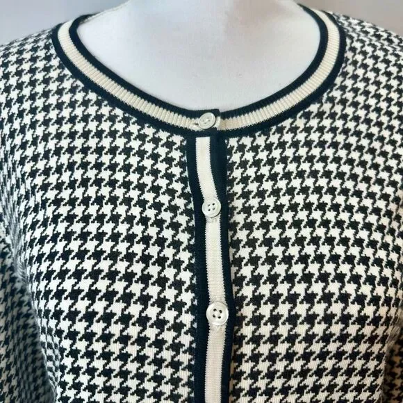 Talbots Cardigan Top Women Medium Black Houndstooth Plaid Cotton Career Casual - Picture 4 of 11
